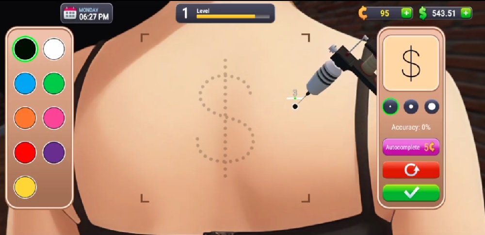 هناك العديد من الوشم للعملاء للاختيار من بينها في Tattoo Studio Simulator Mod APK