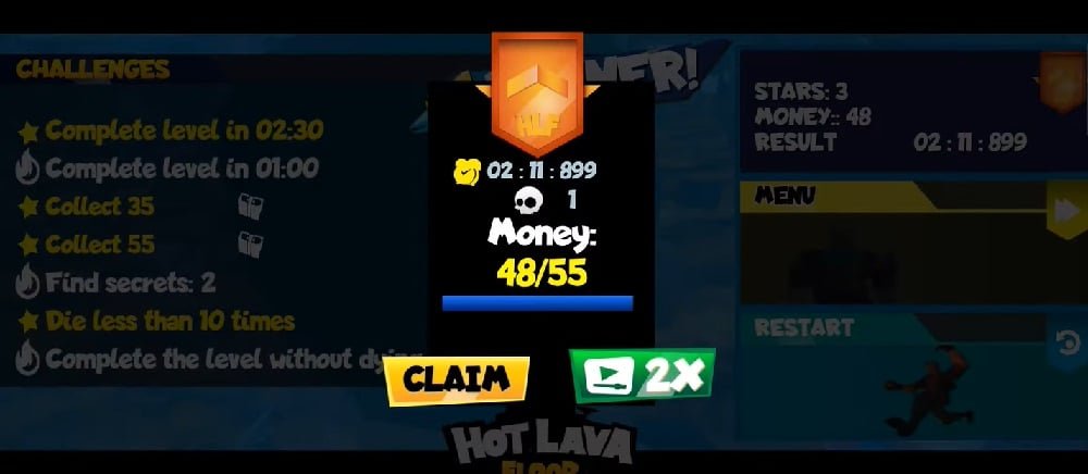 سيتم تسجيل نتائج كل مستوى في Floor Floor Mod Hot Lava Apk
