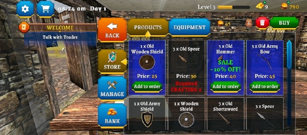 يمكن للاعبين الأسلحة والمعدات بيع في Knight Shop Simulator Mod APK