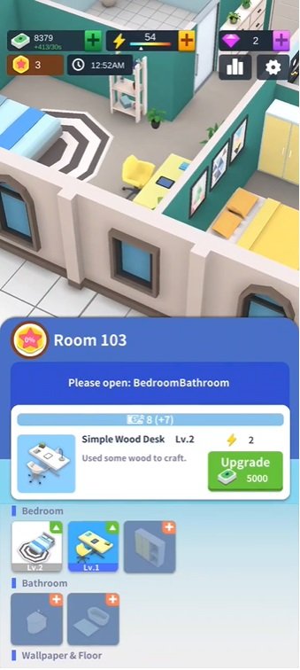 شراء المزيد من الأثاث لتزيين باب غرفتك في Idle Mound Sim Mod APK