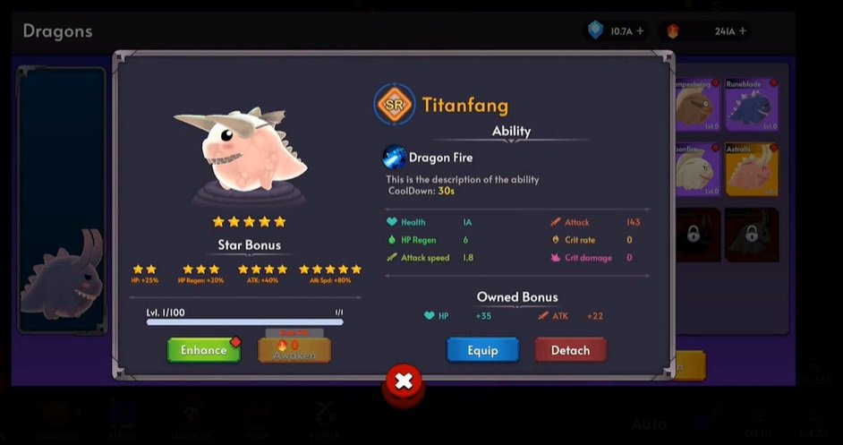 إحصائيات التنين في Dragon Haven: Idle RPG Mod APK